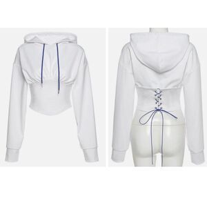 White Long Sleeve Crop Top Hoodie with Corset and Lace-Up Open Back